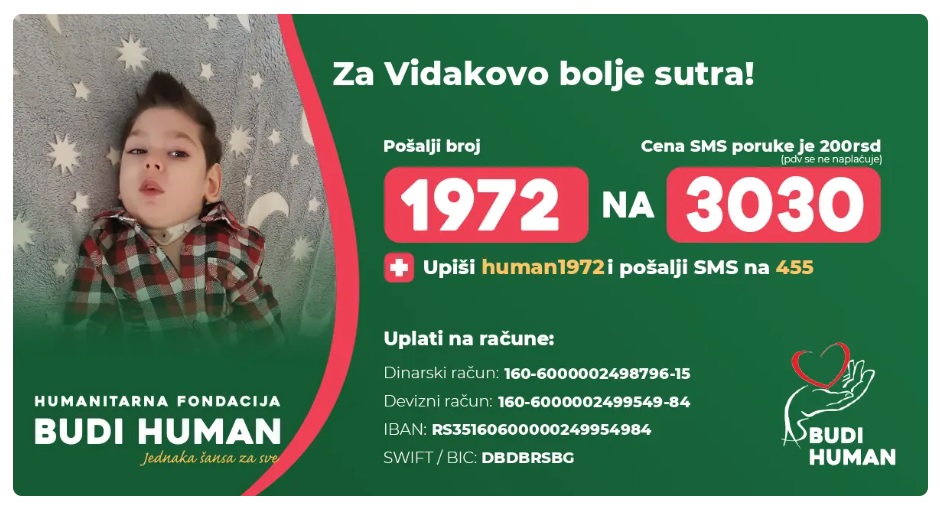 Šestogodišnjem Vidaku potrebno 20 miliona dinara za lečenje retke bolesti mozga